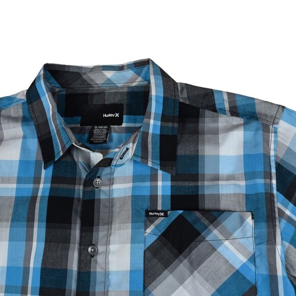 HURLEY Men's Plaid Button Down Shirt Black Blue Grey Y2K Size XL Short Sleeve - Picture 3 of 8